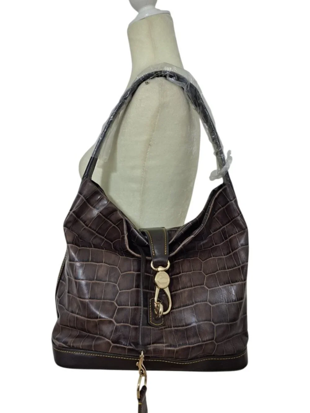 Dooney & Bourke Brown Croco Embossed Leather Logo Lock Hobo Shoulder Bag